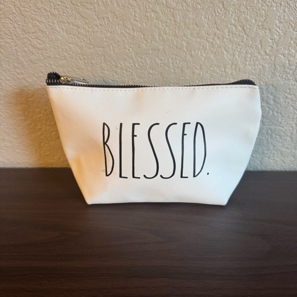 Rae Dunn Blessed Makeup Bag White Canvas Zipper Pouch Cosmetic Travel Case